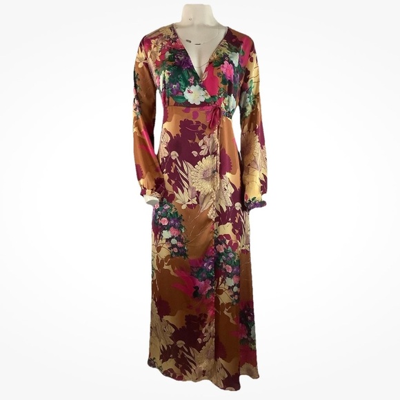 Lulu's Sz XS Satin Floral Maxi Wrap Formal Wedding Look Dress Multicolor - Picture 1 of 8
